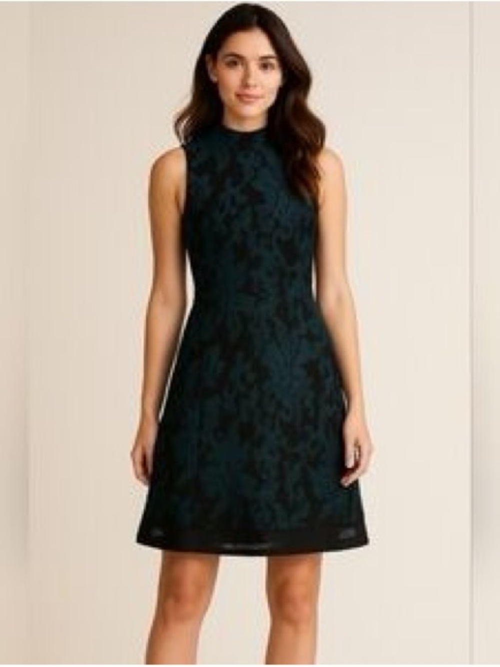 H&M Black & Green Floral Damask Mock-Neck Sleeveless A-Line Dress Size 10